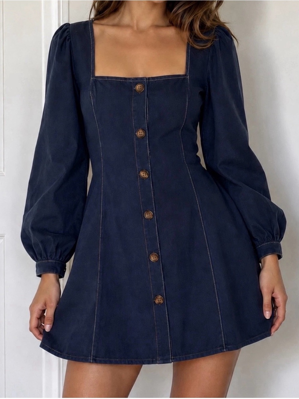 Square Neck Navy Mini Dress. Zipper & Tie Back. Large